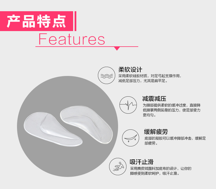 PU鞋墊，硅膠鞋墊驕正腳形、緩解疲功、減震減壓功能解說采用柔軟硅膠材質，對足弓起支撐作用，減低足底壓力，特別是扁平足。